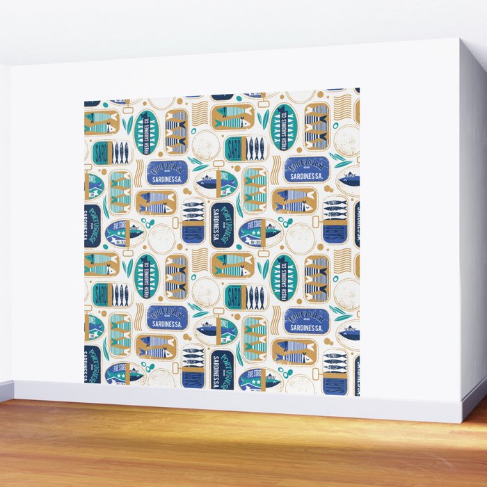 Vintage canned sardines // white background peacock teal and electric blue cans  Wall Mural Gallery Image 2