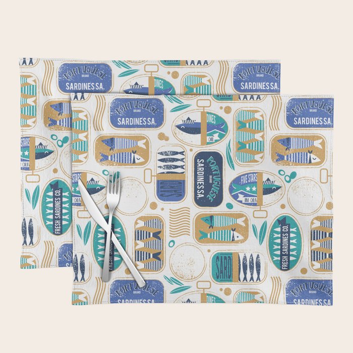 Vintage canned sardines // white background peacock teal and electric blue cans  Placemat Gallery Image 1