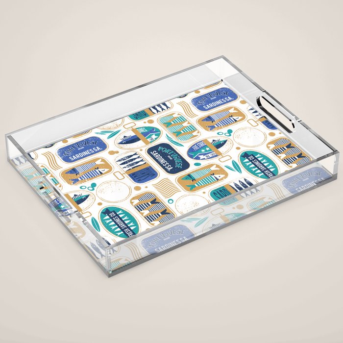 Vintage canned sardines // white background peacock teal and electric blue cans  Acrylic Tray Gallery Image 1