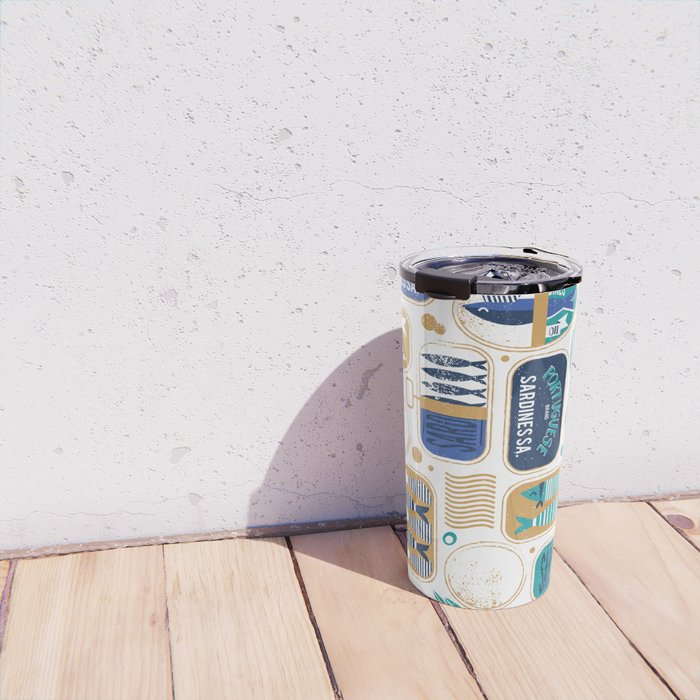 Vintage canned sardines // white background peacock teal and electric blue cans  Travel Mug Gallery Image 4