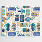 Vintage canned sardines // white background peacock teal and electric blue cans  Jigsaw Puzzle Gallery Image 1