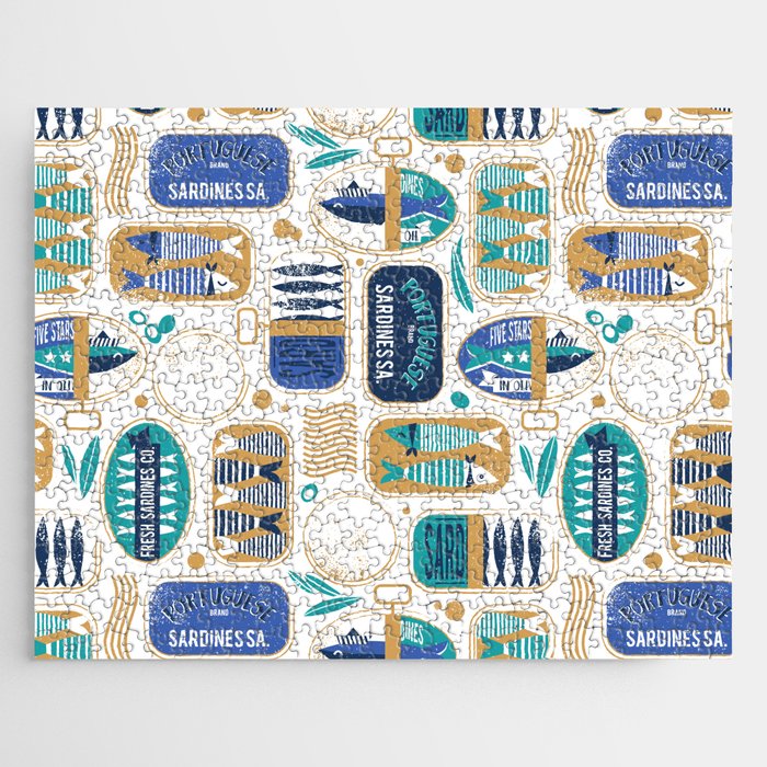 Vintage canned sardines // white background peacock teal and electric blue cans  Jigsaw Puzzle Gallery Image 1