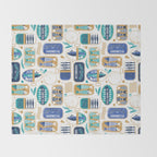 Vintage canned sardines // white background peacock teal and electric blue cans  Throw Blanket Gallery Image 2