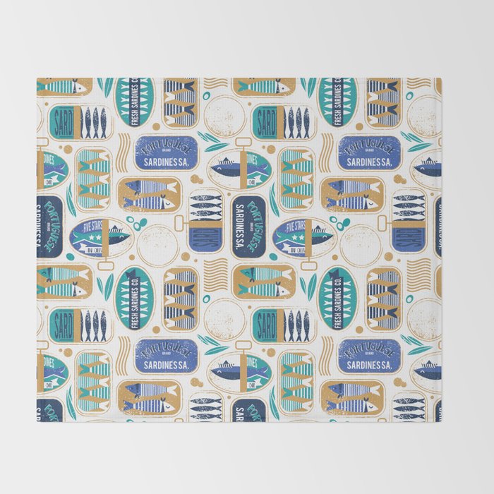 Vintage canned sardines // white background peacock teal and electric blue cans  Throw Blanket Gallery Image 2
