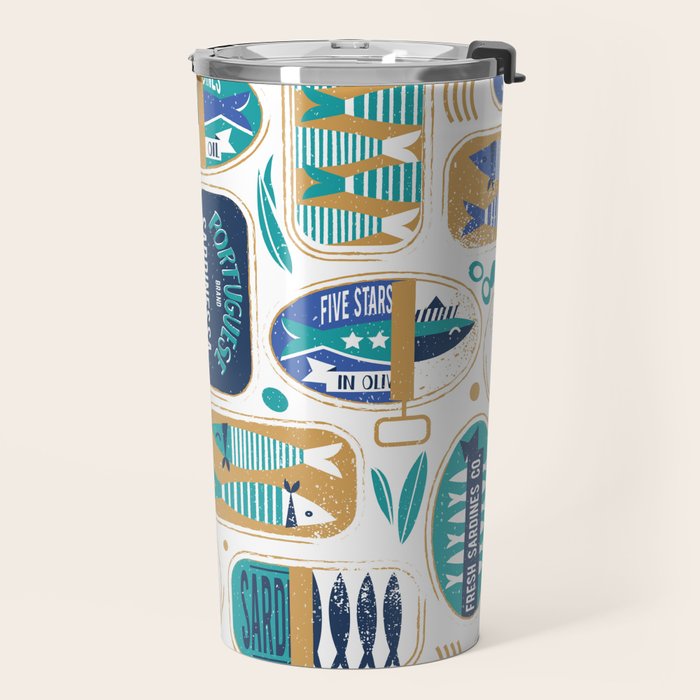 Vintage canned sardines // white background peacock teal and electric blue cans  Travel Mug Gallery Image 2