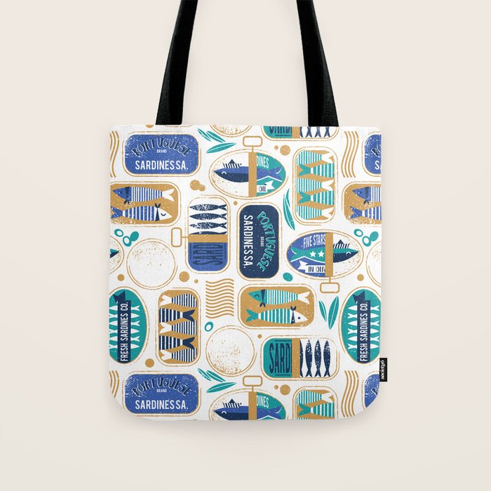 Vintage canned sardines // white background peacock teal and electric blue cans  Tote Bag Gallery Image 1