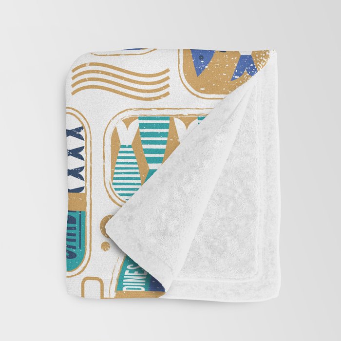 Vintage canned sardines // white background peacock teal and electric blue cans  Throw Blanket Gallery Image 3