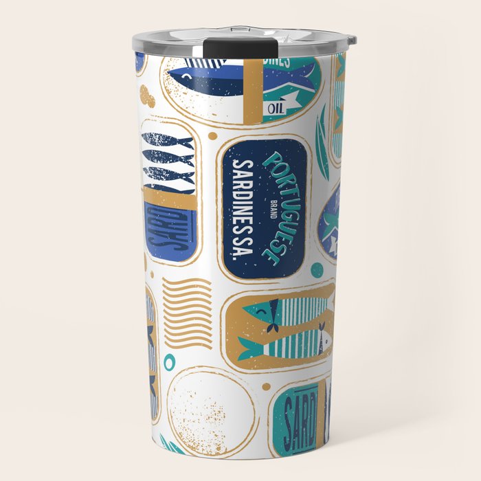 Vintage canned sardines // white background peacock teal and electric blue cans  Travel Mug Gallery Image 1