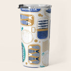 Vintage canned sardines // white background peacock teal and electric blue cans  Travel Mug Gallery Image 3