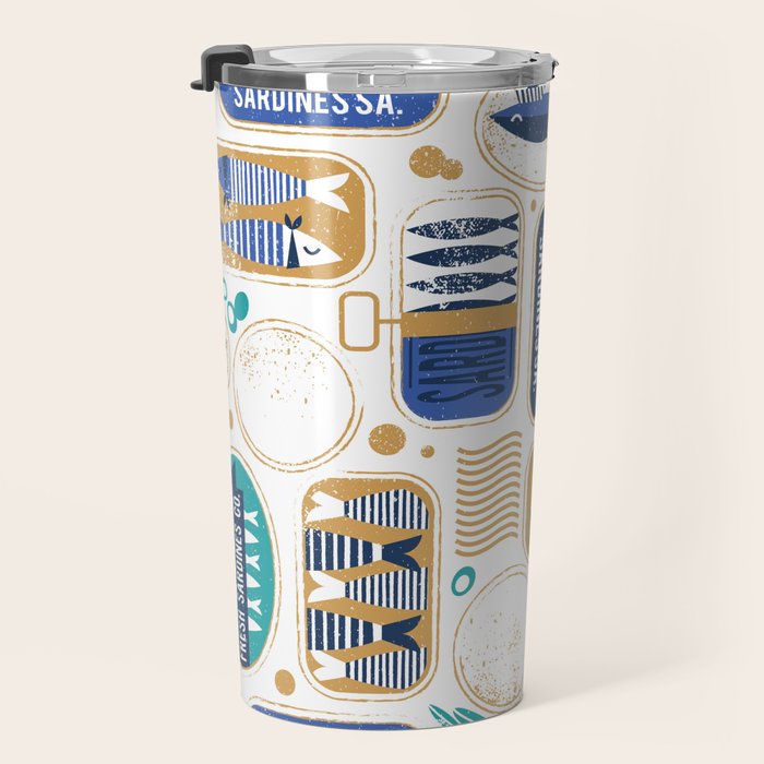 Vintage canned sardines // white background peacock teal and electric blue cans  Travel Mug Gallery Image 3