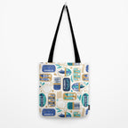 Vintage canned sardines // white background peacock teal and electric blue cans  Tote Bag Gallery Image 2