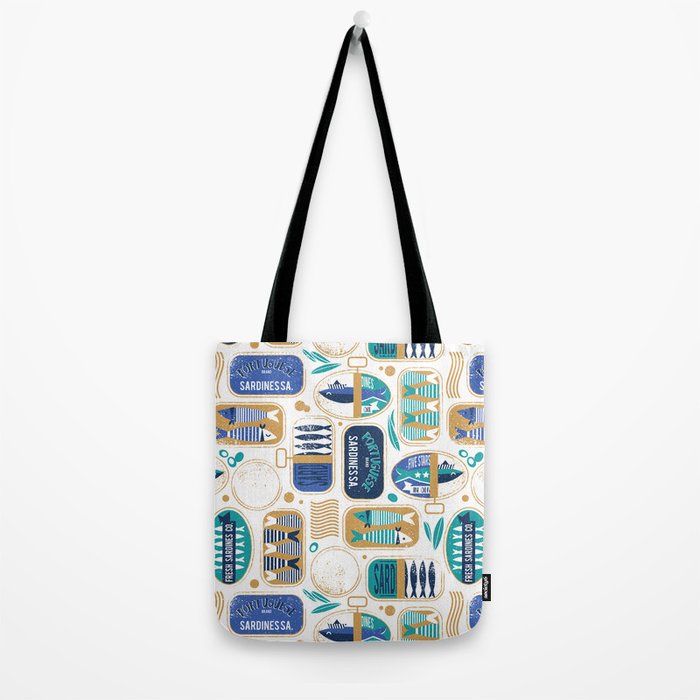 Vintage canned sardines // white background peacock teal and electric blue cans  Tote Bag Gallery Image 2