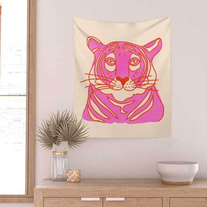 Hot Pink Tiger Portrait Wall Tapestry Gallery Image 2