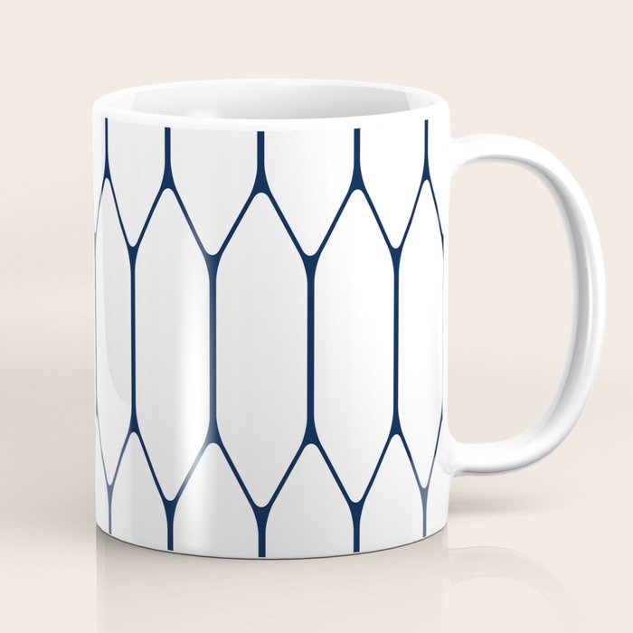 Long Honeycomb Minimalist Geometric Pattern in Nautical Navy Blue and White Coffee Mug Gallery Image 1