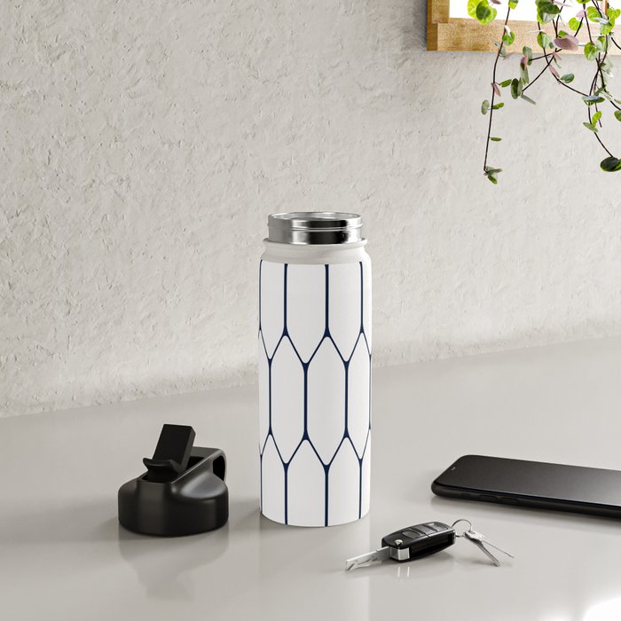 Long Honeycomb Minimalist Geometric Pattern in Nautical Navy Blue and White Water Bottle Gallery Image 4
