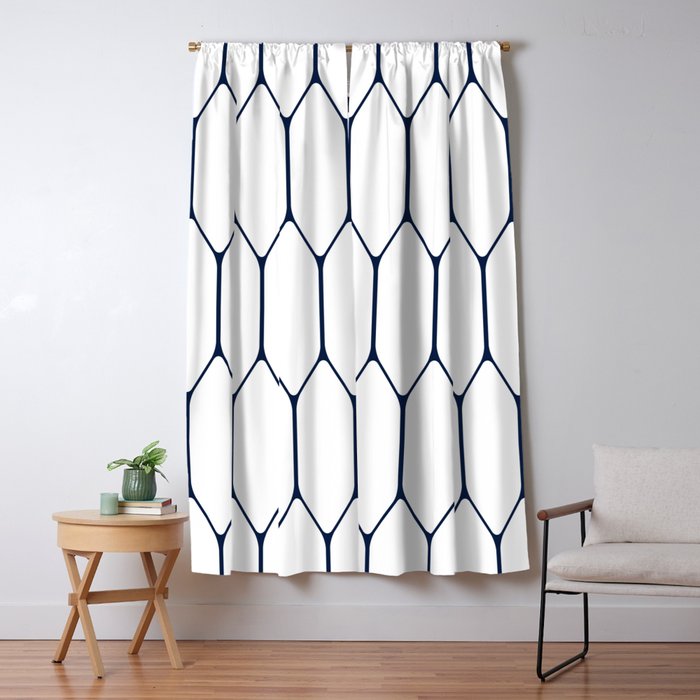 Long Honeycomb Minimalist Geometric Pattern in Nautical Navy Blue and White Window Curtain Gallery Image 5