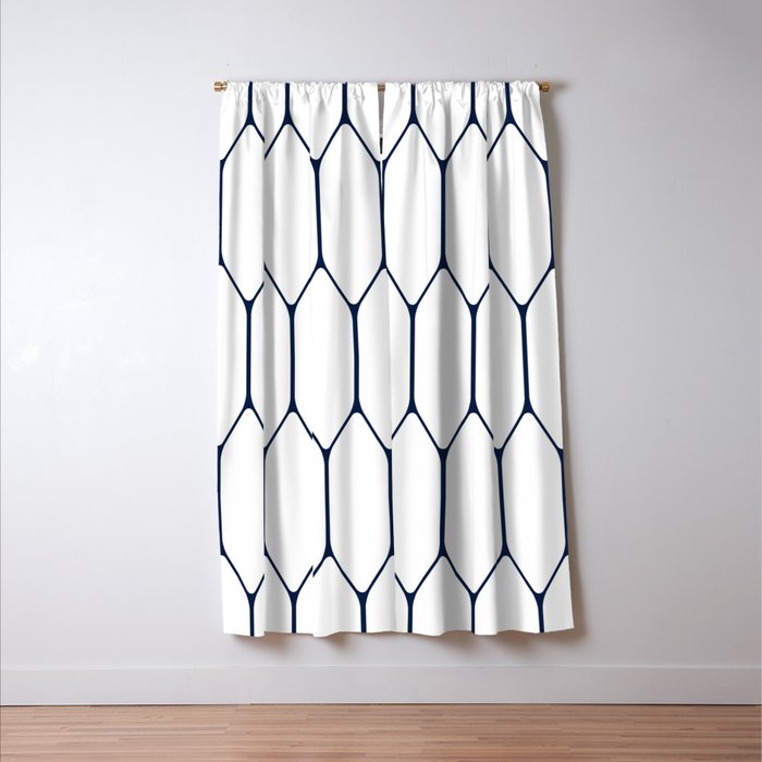 Long Honeycomb Minimalist Geometric Pattern in Nautical Navy Blue and White Window Curtain Gallery Image 3