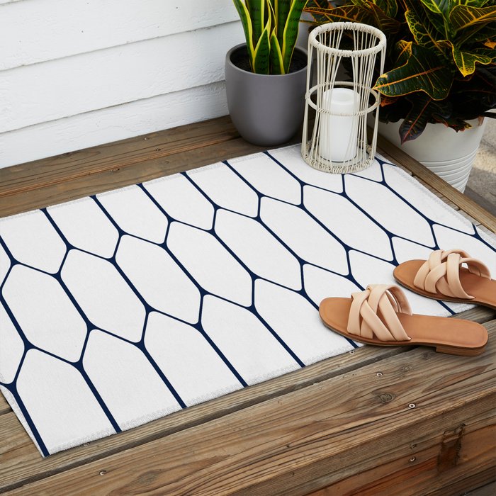 Long Honeycomb Minimalist Geometric Pattern in Nautical Navy Blue and White Outdoor Rug Gallery Image 2