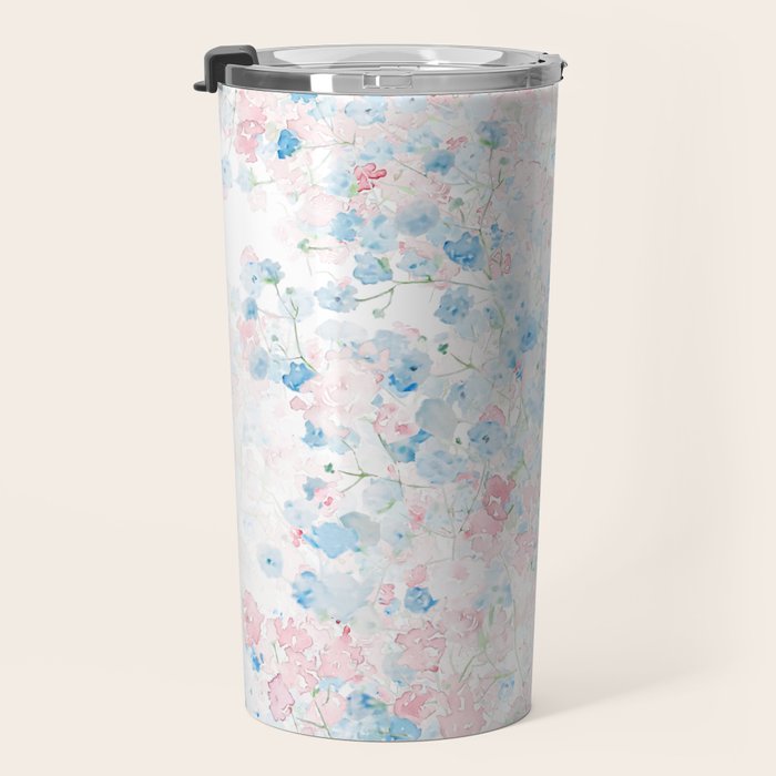 light pink and blue baby's breath flowers pattern Travel Mug Gallery Image 3