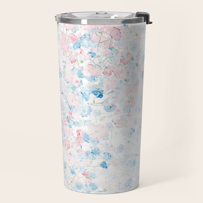 light pink and blue baby's breath flowers pattern Travel Mug Gallery Image 2