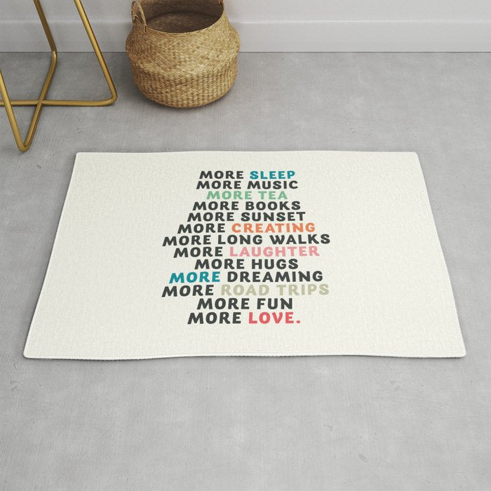 Good vibes quote, more sleep, dreaming, road trips, love, fun, happy life, lettering, laughter Rug Gallery Image 1