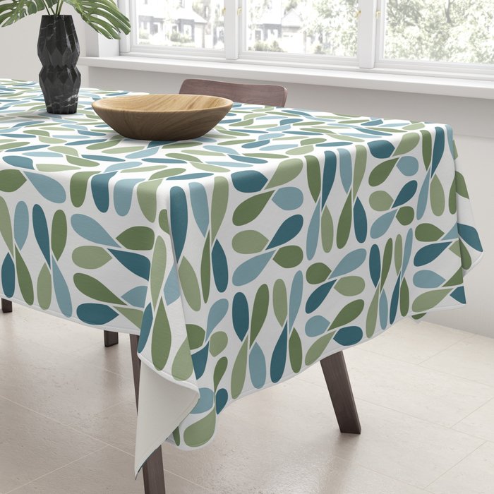 Retro Mid Century Modern Abstract Leaf Pattern Teal Blue Dill Green Tablecloth Gallery Image 3