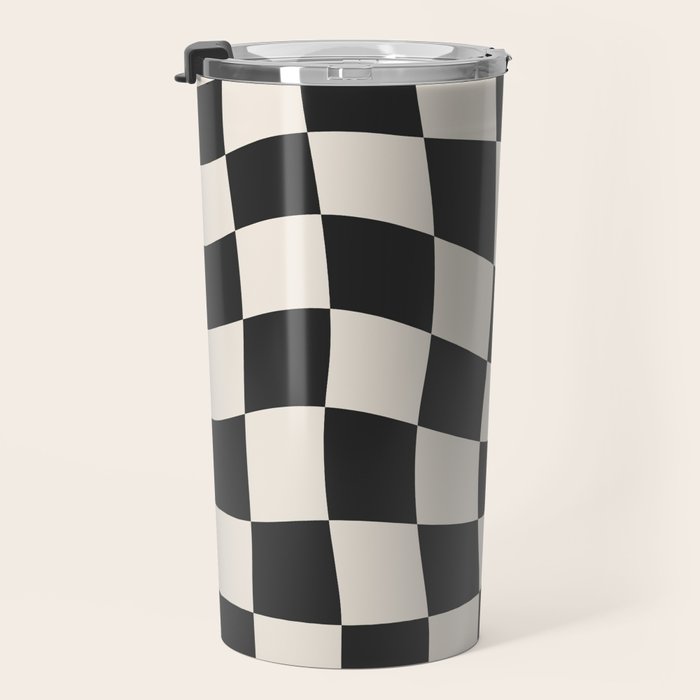Black and White Wavy Checkered Pattern Travel Mug Gallery Image 3