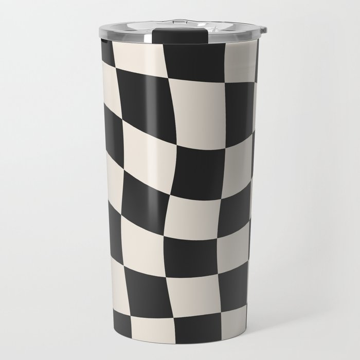 Black and White Wavy Checkered Pattern Travel Mug Gallery Image 1