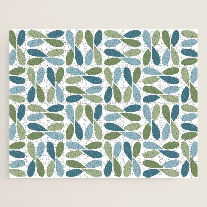 Retro Mid Century Modern Abstract Leaf Pattern Teal Blue Dill Green Jigsaw Puzzle Gallery Image 1
