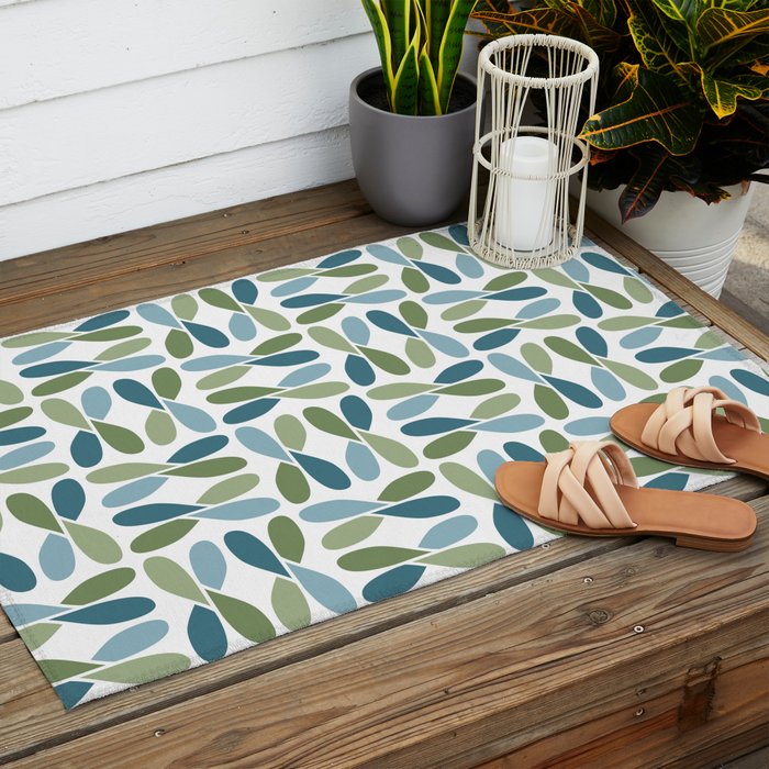 Retro Mid Century Modern Abstract Leaf Pattern Teal Blue Dill Green Outdoor Rug Gallery Image 2