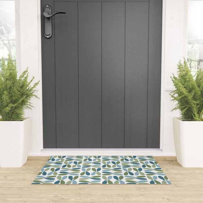 Retro Mid Century Modern Abstract Leaf Pattern Teal Blue Dill Green Welcome Mat Gallery Image 3