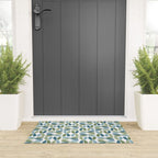 Retro Mid Century Modern Abstract Leaf Pattern Teal Blue Dill Green Welcome Mat Gallery Image 3