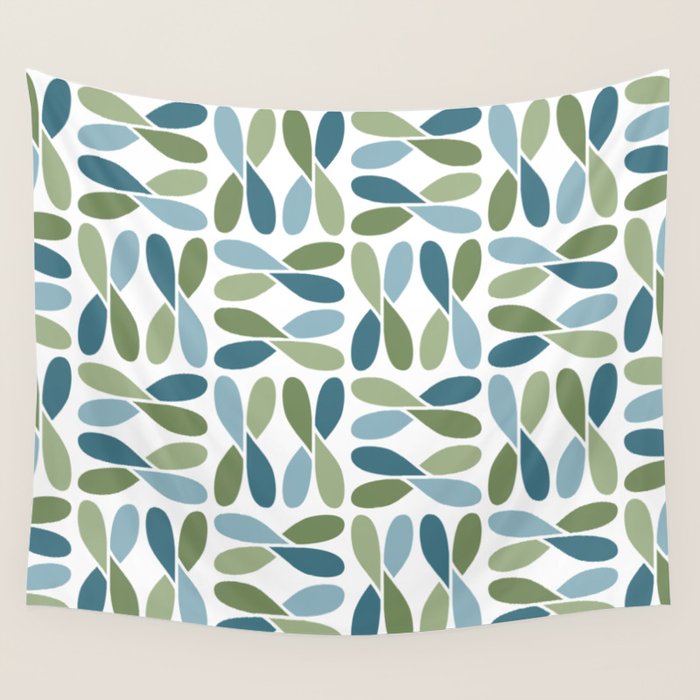 Retro Mid Century Modern Abstract Leaf Pattern Teal Blue Dill Green Wall Tapestry Gallery Image 4