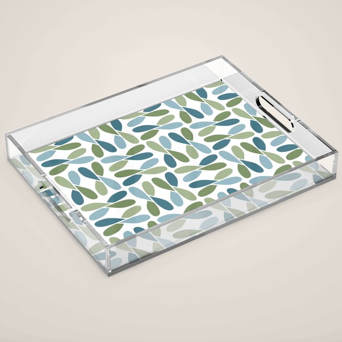 Retro Mid Century Modern Abstract Leaf Pattern Teal Blue Dill Green Acrylic Tray Gallery Image 1