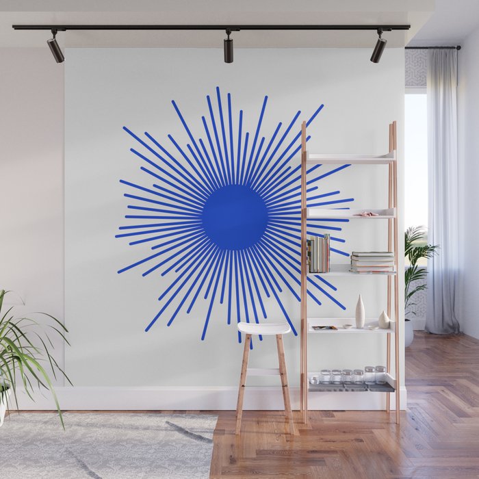 Royal Blue Mid Century Modern Minimal Sunburst Retro Sun Wall Mural Gallery Image 1