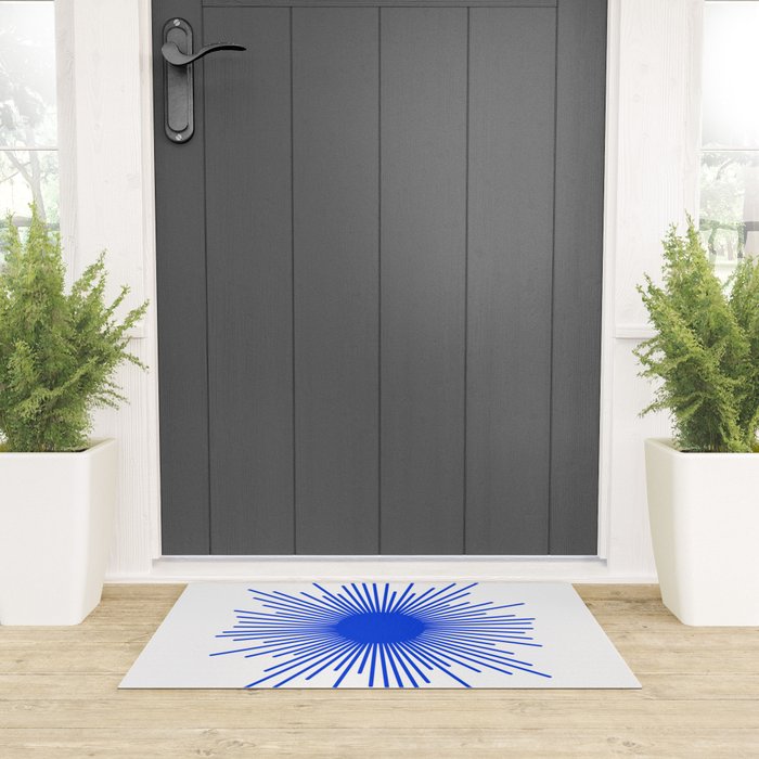 Royal Blue Mid Century Modern Minimal Sunburst Retro Sun Welcome Mat Gallery Image 3