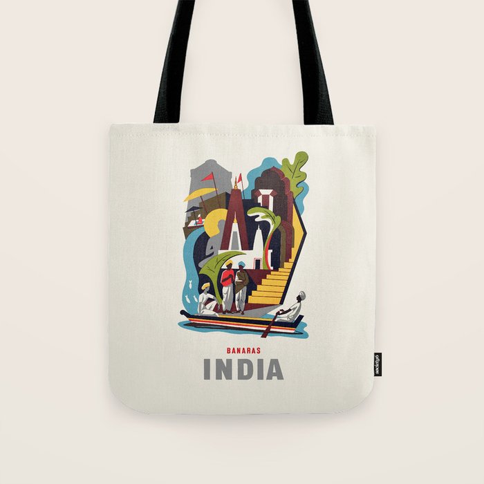 India Vintage Travel Poster, 1950s Tote Bag Gallery Image 1