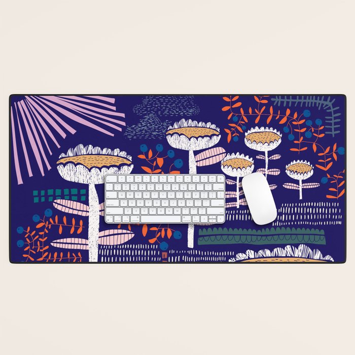 Block print bold flower blue Desk Mat Gallery Image 1