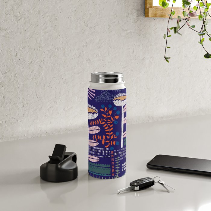 Block print bold flower blue Water Bottle Gallery Image 4