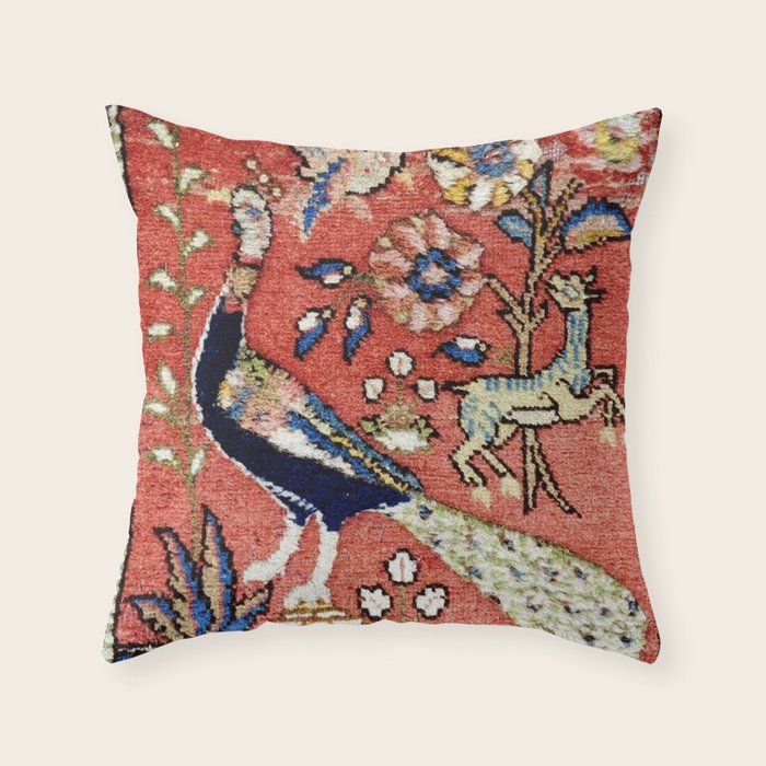 Antique Persian Rug Print with Peacock & Deer Throw Pillow Gallery Image 6