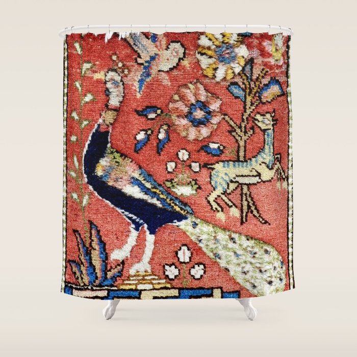 Antique Persian Rug Print with Peacock & Deer Shower Curtain Gallery Image 1