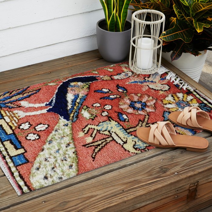 Antique Persian Rug Print with Peacock & Deer Outdoor Rug Gallery Image 2