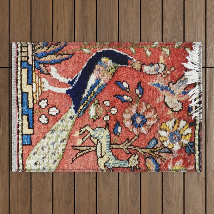 Antique Persian Rug Print with Peacock & Deer Outdoor Rug Gallery Image 1