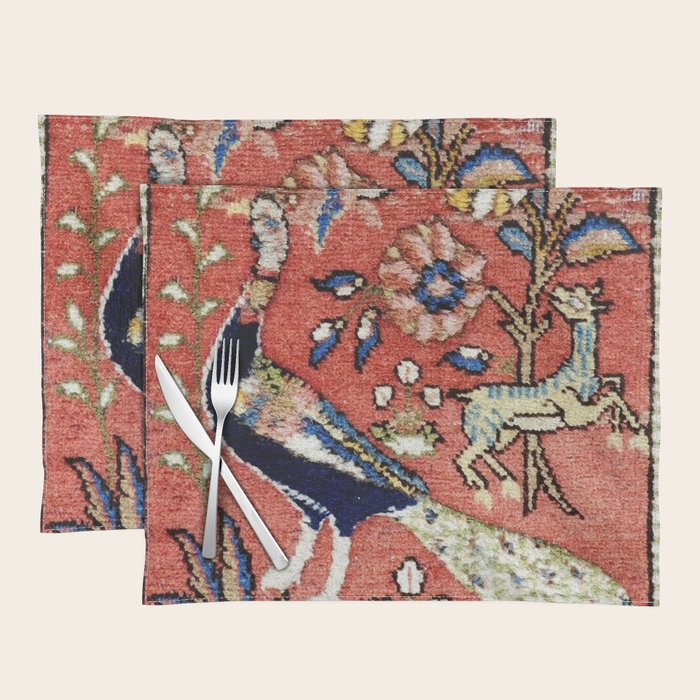 Antique Persian Rug Print with Peacock & Deer Placemat Gallery Image 1