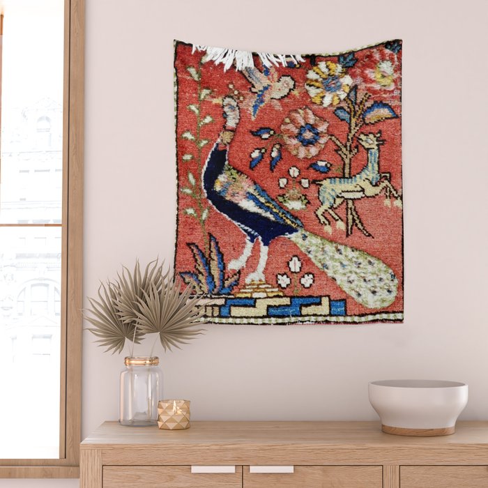 Antique Persian Rug Print with Peacock & Deer Wall Tapestry Gallery Image 2