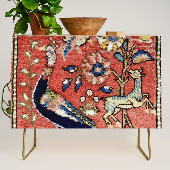 Antique Persian Rug Print with Peacock & Deer Credenza Gallery Image 1