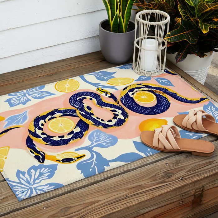 Snakes & Lemons, Whimsical Eclectic Wildlife Animals, Fruit Food Bohemian Summer, Quirky Venom Illustration Moroccan Tiles Outdoor Rug Gallery Image 2