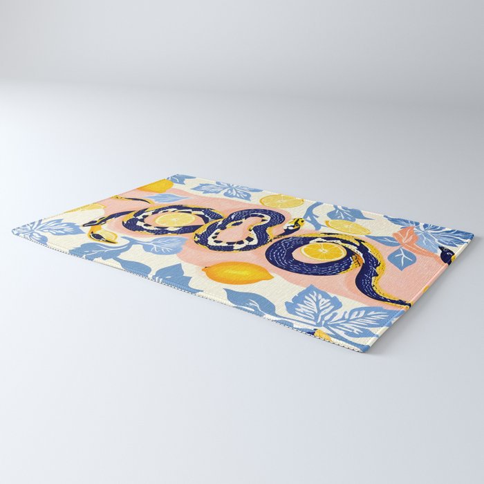 Snakes & Lemons, Whimsical Eclectic Wildlife Animals, Fruit Food Bohemian Summer, Quirky Venom Illustration Moroccan Tiles Rug Gallery Image 3