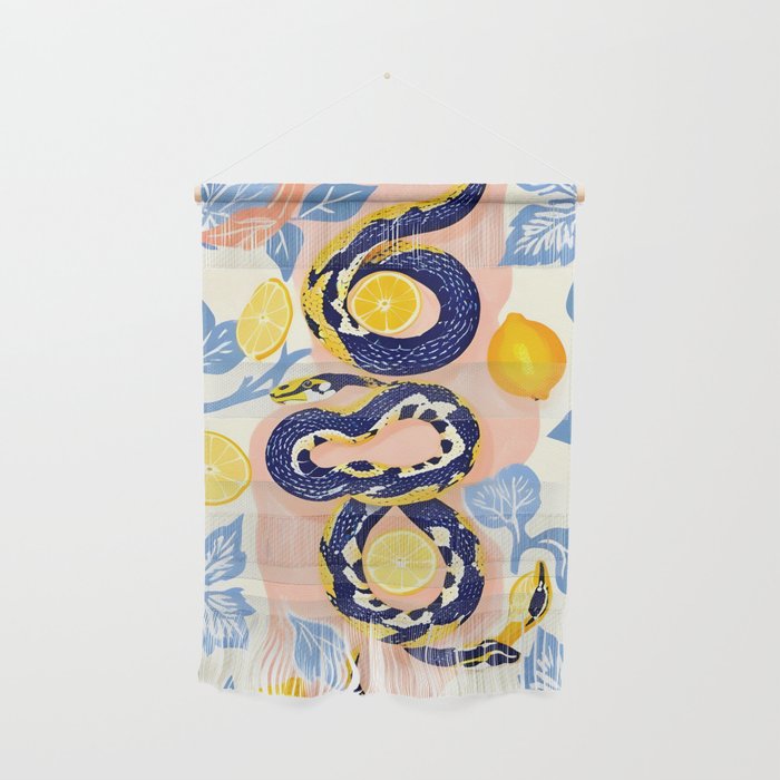 Snakes & Lemons, Whimsical Eclectic Wildlife Animals, Fruit Food Bohemian Summer, Quirky Venom Illustration Moroccan Tiles Wall Hanging Gallery Image 1