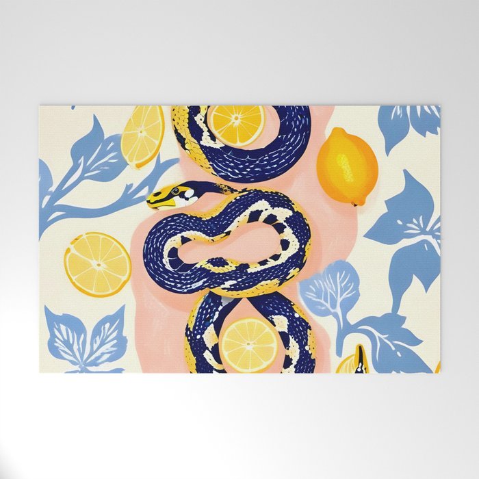 Snakes & Lemons, Whimsical Eclectic Wildlife Animals, Fruit Food Bohemian Summer, Quirky Venom Illustration Moroccan Tiles Welcome Mat Gallery Image 1
